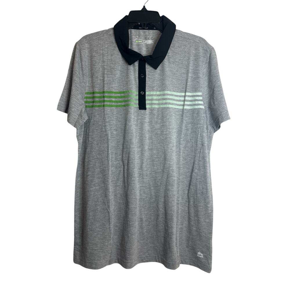 RBX GOLF‎ 18 Hole Golf Polo Gray Short Sleeve Stripped Men's Large Black Collar